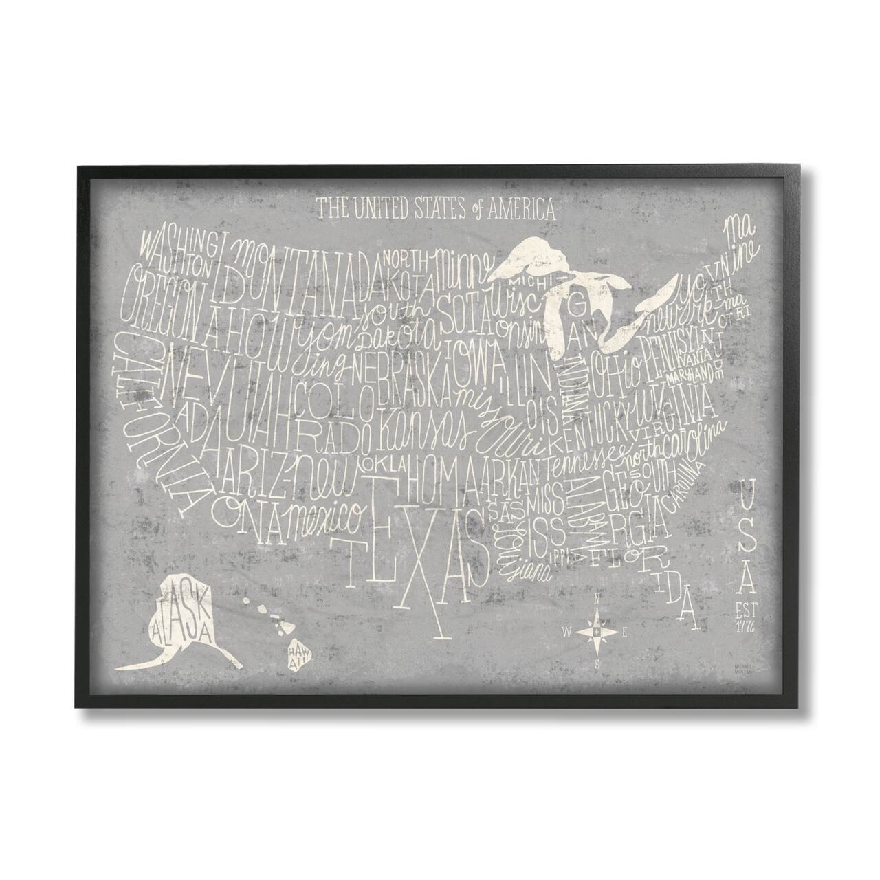 Stupell Industries Grey Distressed US Map Playful Typography Framed Giclee Art